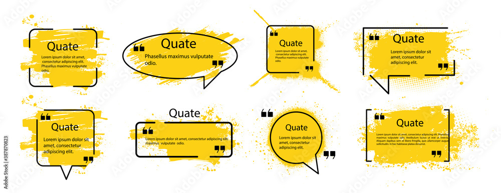 Aufkleber Black grunge logo template for text with frame and splashes effect. Grunge quote, frame notes. Dirty artistic design boxes with elements frames for text. Isolated Grunge logo, text box. Vector set