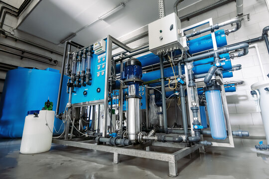 Modern automatic treatment and filtration of drinking water system. Plant or factory for production of purified drinking water.