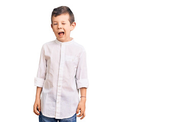 Cute blond kid wearing elegant shirt winking looking at the camera with sexy expression, cheerful...