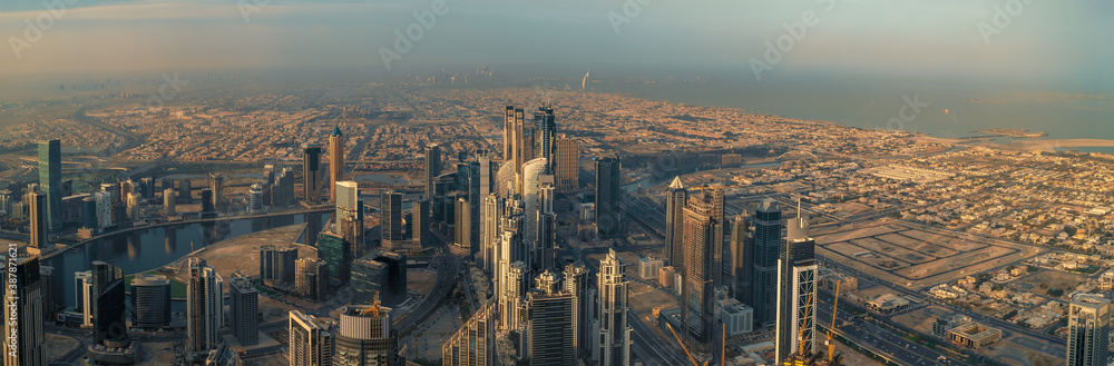 Wall mural modern buildings in dubai panorama, dubai downtown city skyline with skyscrapers, uae.