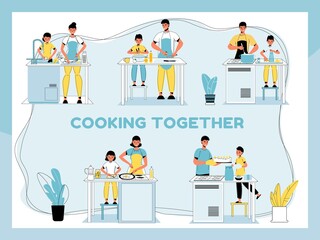 Cooking together set. Home food preparation. Happy cheerful family common activity. People lifestyle concept. Parent children boiling soup, cutting vegetable for salad, frying egg, baking pie