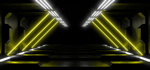 Obraz premium A dark corridor lit by colorful neon lights. Reflections on the floor and walls. 3d rendering image.