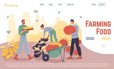 Fresh, organic, healthy ecological farming food sale. Farmer team gathering vegetable fruit autumn crop. Harvesting process at farm. Agriculture business. Eco eating promotion landing page design