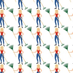 Seamless pattern with a beautiful young girl with a rake and a broom on a white background. Strong man with garden tool in flat style. Cartoon people at work.
Stock vector illustration for decor