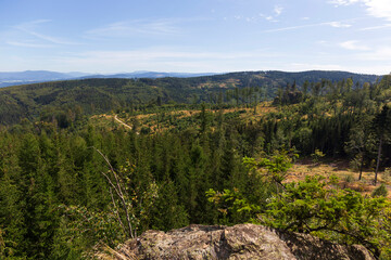 Fototapeta na wymiar Landscape from the Hill High Rock, Vysoky Kamen, in Rychlebske Mountains, Czech Republic