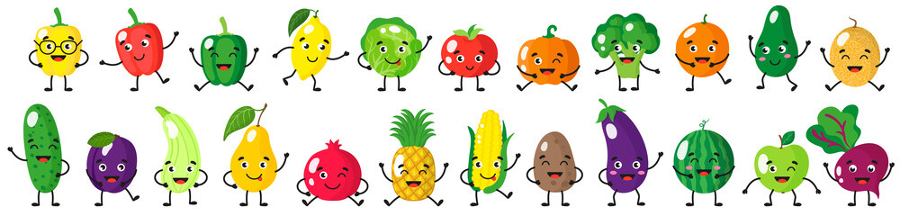 Vector cartoon set of fruits and vegetables characters with different poses and emotions isolated on white background