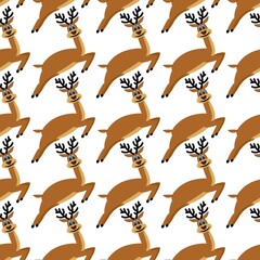Seamless pattern with adorable deer on a white background. Winter forest animals in flat style. Cartoon mammals fawn in relaxation.
Stock vector illustration for design, decor, fabric, wallpaper