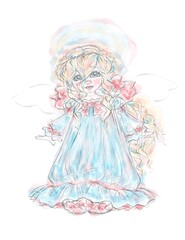 Hand Drawn Little Girl Angel Illustration in Color