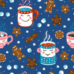 Vector Seamless pattern of Winter Hot Drinks and Sweets. Cozy Cute Mugs with Beverages Mulled Wine, Coffee or Tea, Cocoa and Gingerbread Cookies, Marshmallow. Winter Holidays, Christmas and New Year