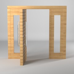 Render 3d de puerta de madera con barral metalico