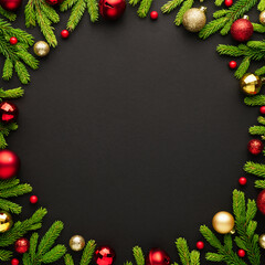 New year and christmas black background with fir frame and copy space