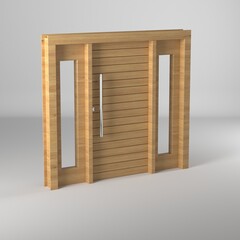 Render 3d de puerta de madera con barral metalico