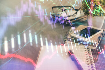 Double exposure of forex chart drawing and cell phone background. Concept of financial trading