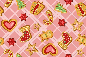 Colorful beautiful Christmas cookies icons seamless pattern. Sweet decorated new year backings background - gingerbread man star santa snowflake christmas tree ball sock. Vector illustration
