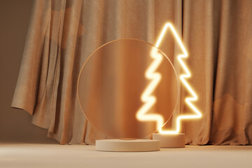 3D Background, podium display for beauty, cosmetic product promotion or text. Christmas tree glowing neon, festive, minimal 3D render with pedestal showcase. Brown and beige, curtain cloth abstract. 