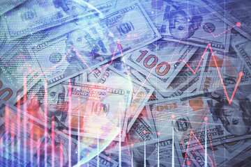Double exposure of forex graph drawing over us dollars bill background. Concept of financial markets.