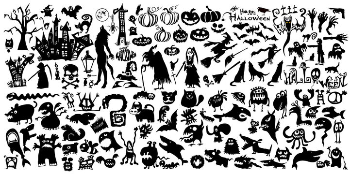 Set of halloween elements. Monsters objects. Vector illustration