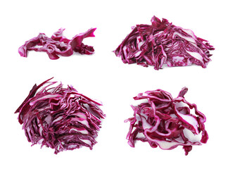 Piles of chopped red cabbage on white background