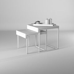 Ilustración 3d de una mesa de café con decoraciones en estilo wire-frame/estructura alambrica: material blanco con lineas negras