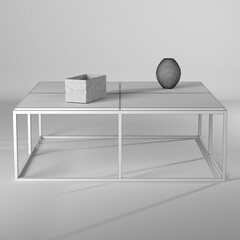 Ilustración 3d de una mesa de café con decoraciones en estilo wire-frame/estructura alambrica: material blanco con lineas negras