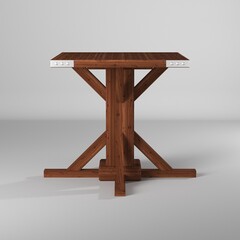 Modelo 3d/render/ilustración de una mesa vintage de madera con bordes metalicos de protección