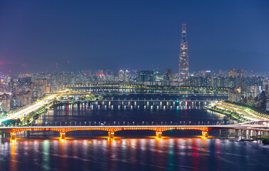 Seoul City at night and han river South Korea.