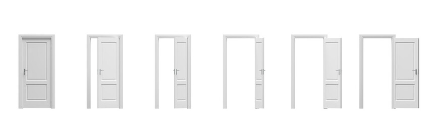 Set of white wooden doors in different stages of opening. Entrance and doorways. Indoor interior. Closed and open way. 3d render.