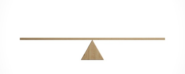 3d rendering of a wooden plank balancing on a wooden triangle isolated on white background. Seesaw and teeter-totter. Equilibrium. Balancing life.