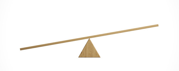 3d rendering of a light wooden seesaw with the left side leaning to the ground on white background. Geometrical shapes. Saving balance. Scales.