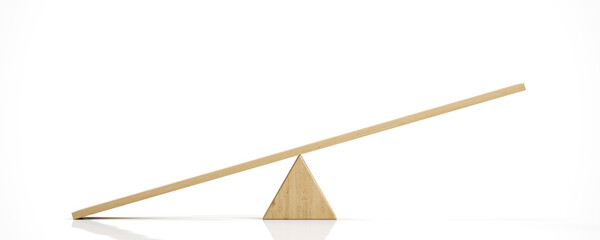 3d rendering of a light wooden seesaw with the left side leaning to the ground on white background. Geometrical shapes. Saving balance. Scales.