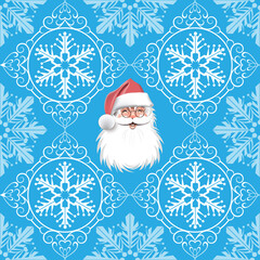 Seamless pattern with Santa Claus and snowflakes on a blue background. Vector image