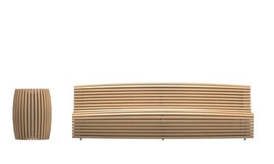 wooden park bench and trash can. 3d render