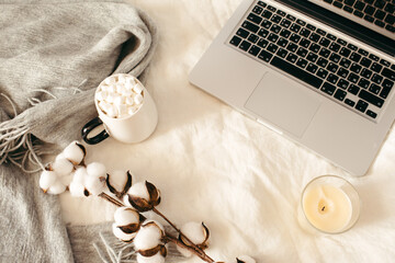Laptop and cup of cocoa with marshmallows, scarf, cotton flowers, candle on white bed. Work at home concept. Autumn, fall, winter composition. Flat lay, top view, copy space.