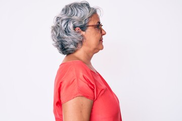 Senior hispanic grey- haired woman wearing casual clothes and glasses looking to side, relax...