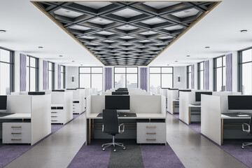 Modern coworking office interior with computers