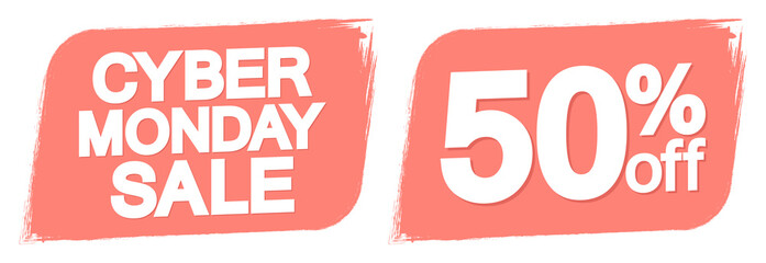Cyber Monday Sale, 50% off, banners design template, discount tags, season offers, vector illustration