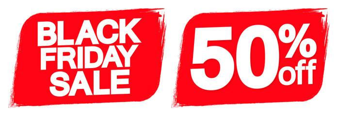 Black Friday Sale, 50% off, banners design template, discount tags, season offers, vector illustration