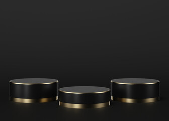 Cylinder shape of product display, Luxury and modern concepts, Black and gold colors, 3D Rendering.