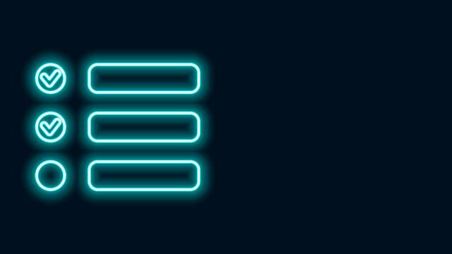 Glowing neon line Task list icon isolated on black background. Control list symbol. Survey poll or questionnaire feedback form. 4K Video motion graphic animation