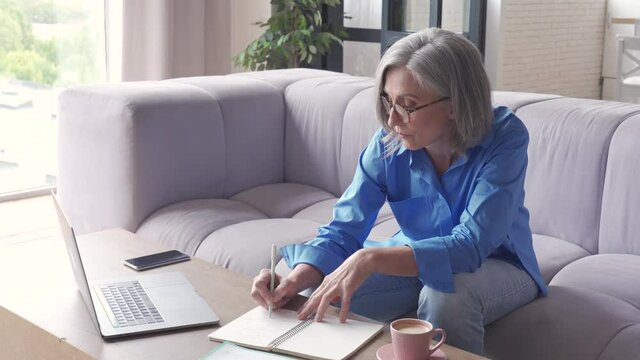Senior mature older woman watching online business training, live webinar on laptop computer remote working elearning from home. 60s businesswoman video conference calling in virtual chat making notes