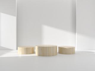 Abstract minimal scene with geometric forms. Pedestal. Cylinder wood podium stage in white background. for show product cosmetic presentation, mock up, 3d render.