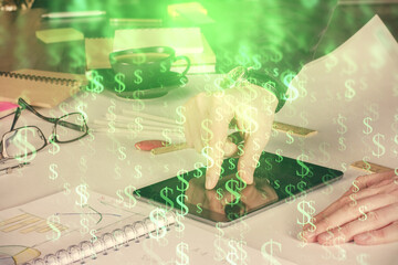 Naklejka na ściany i meble Double exposure of man's hands holding and using a digital device and forex graph drawing. Financial market concept.