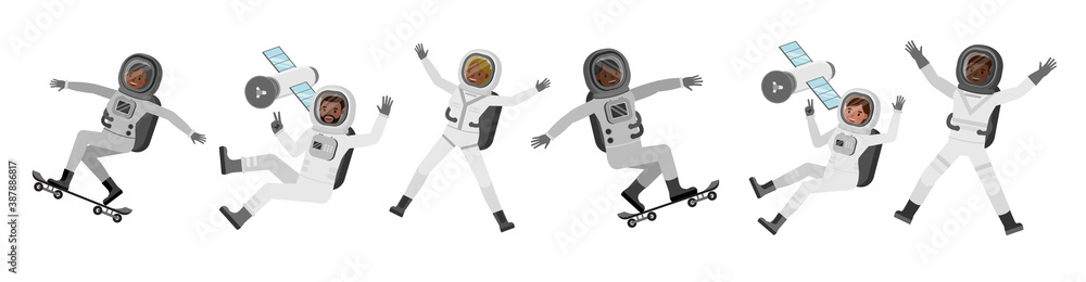 Poster set of astronaut people working character vector design. presentation in various action with emotion