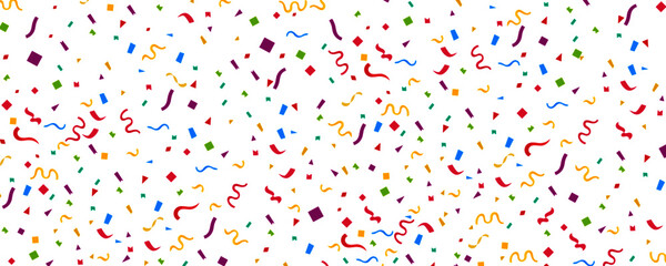 Streamers and confetti. Colourful tinsel and foil ribbons. Confetti falling rain on white background. . Elegant celebration concept. Background with many falling tiny confetti