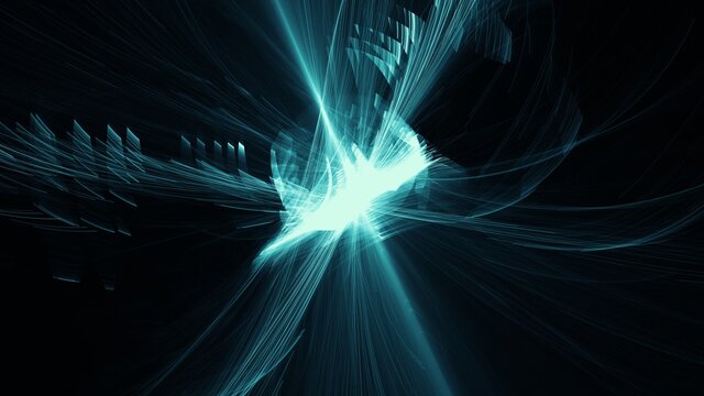 Abstract detailed outburst white and blue laser beams. Fractals and bright glowing shapes.
