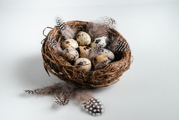 Naklejka na ściany i meble Happy Easter postcard. Easter eggs with ribbons in the nest.
