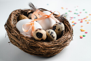 Happy easter. Quail eggs with feathers in the nest. greeting card