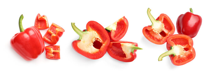 Set of red bell peppers on white background, top view. Banner design
