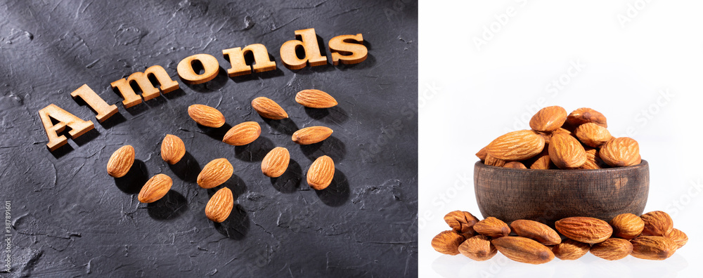 Canvas Prints Peeled almonds - Prunus dulcis. Almonds word in wooden letters