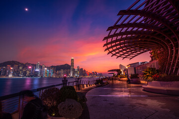 sunset in Victoria harbour in Hong kong island 